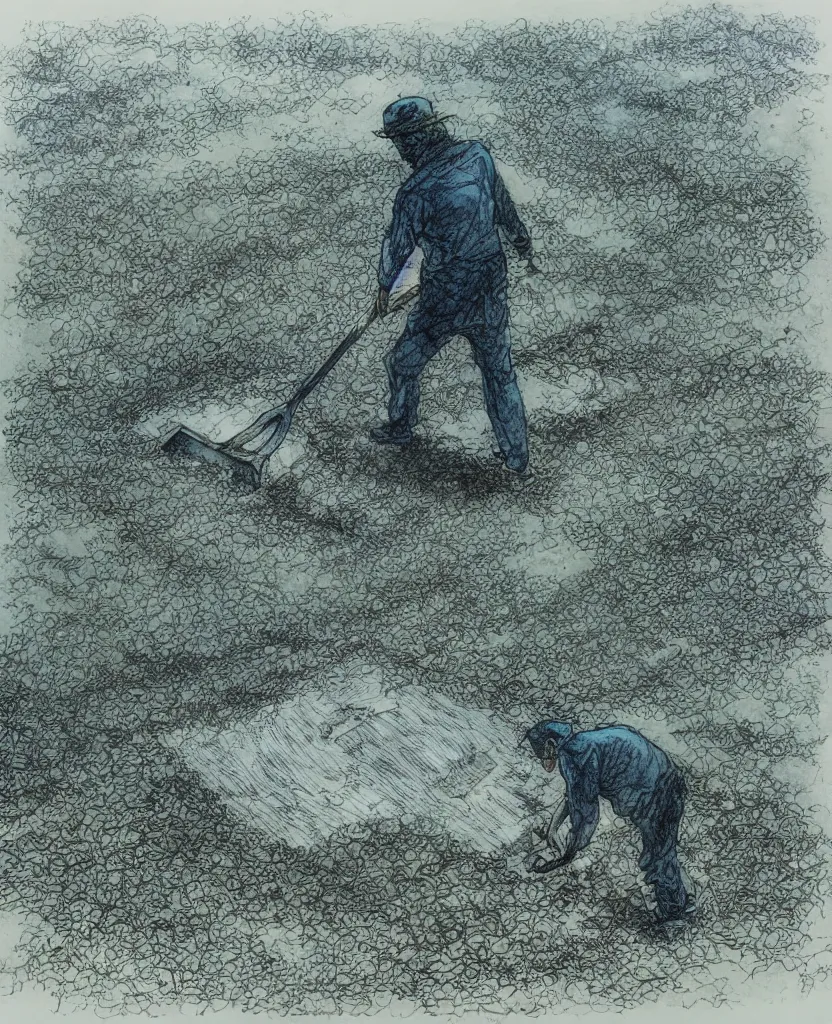 Prompt: a man with a shovel standing digging up a grave with a dead body in it, subtle blue, orange, and dark green tones, high quality, high detail, dark colors, sinister atmosphere, dramatic lighting, cinematic, establishing shot, extremely high detail, photo realistic, cinematic lighting, pen and ink, intricate line drawings, by Yoshitaka Amano, Ruan Jia, Kentaro Miura, Artgerm, post processed, concept art, artstation, matte painting, style by eddie mendoza, raphael lacoste, alex ross