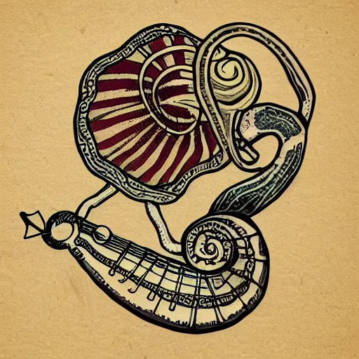 Prompt: snail with a banjo shell, the snail is playing the strings with its tentacles, neotraditional tattoo design