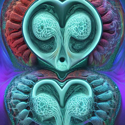 Prompt: a pair of human head with a heart shape in the middle of it, a computer rendering by Alex Grey, by Earnst Haeckel, featured on zbrush central, psychedelic art, lovecraftian, fractalism, zbrush