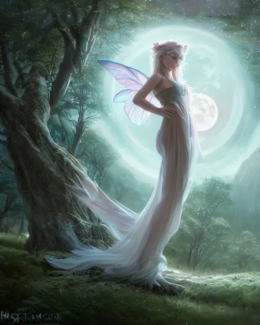 Image similar to attractive fairy goddness fly high in the night, d & d, fantasy, mist, full moon in background, trees, hyper detailed, art by artgerm and greg rutkowski and magali villeneuve, midium shot, 8 k realistic, cryengine, digital painting, trending on artstation, concept art, sharp focus, illustration,