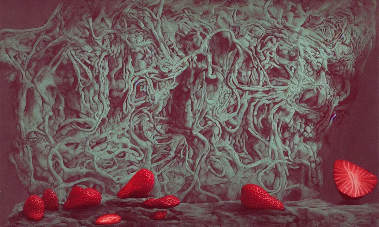 Image similar to a strawberry birthday cake, body horror, by gerard brom, zdzisław beksinski and ansel adams technicolor