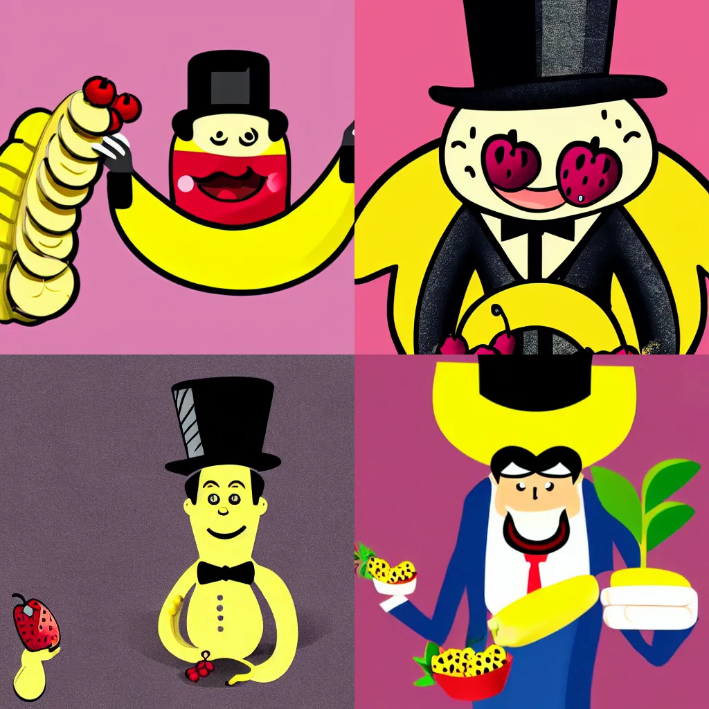 Prompt: A professional illustration of a banana man with a top hat and gun, holding a berry hostage.