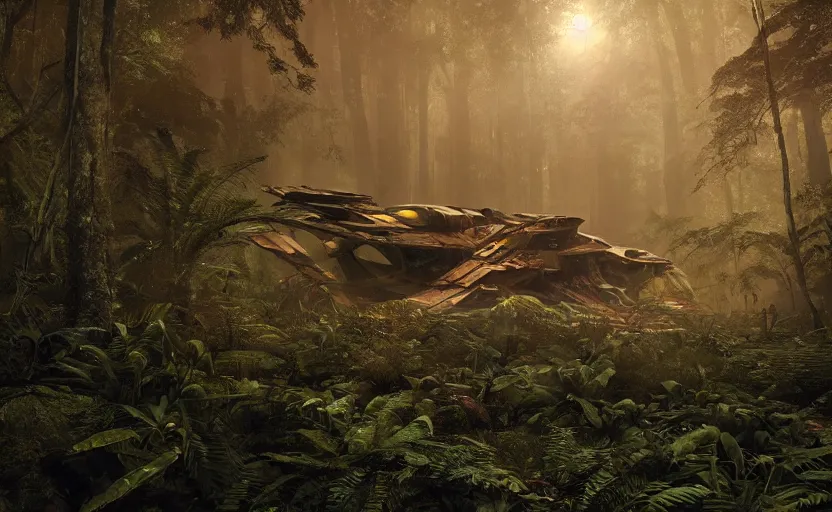 Prompt: a giant derelict crashed spaceship in a beautiful dense rainforest, foggy atmosphere, sharp details, photorealistic, octane render, golden hour, cinematic lighting, immense scale