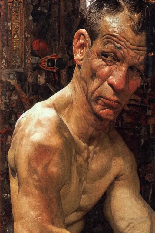 Prompt: a closer personal portrait of popeye with very piercing eyes, very charismatic. in the old ancient temple of luxor. masterpiece, dark. painted by norman rockwell and james gurney