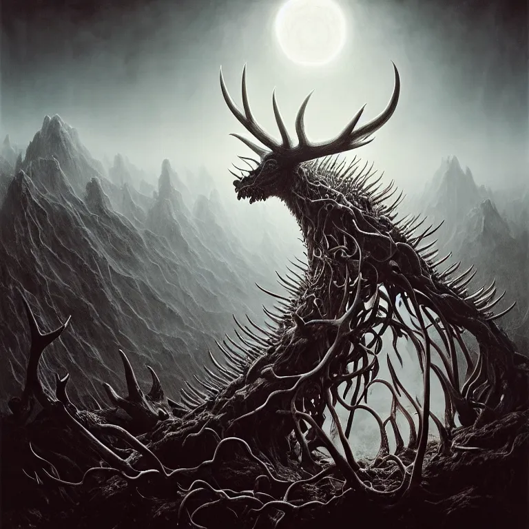 Image similar to surreal portrait of white demon covered with ribbed white spiky spiral crooked antlers, in wastelands on white exoplanet at night, baroque portrait painting, beautiful intricate insanely detailed octane render, artstation, 8 k artistic harsh flash photography, photorealistic, volumetric perfect light, chiaroscuro, raphael, caravaggio, beksinski, rutkowski, giger