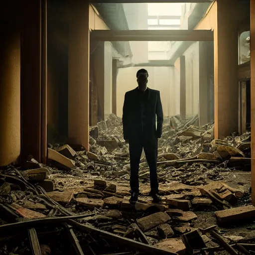 Image similar to A mysterious man standing in the middle of a stair hallway looking in the direction of the camera, the man is using a flashlight in a City in ruins with vegetation growing from the destroyed buildings :: apocalyptic, gloomy, desolate :: long shot, low angle, dramatic backlighting, symmetrical photography :: cinematic shot, highly detailed