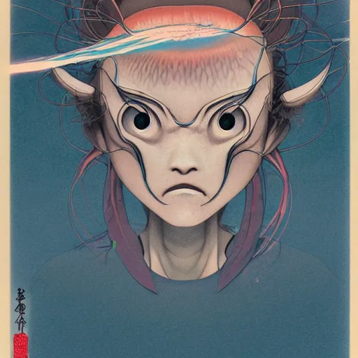 Image similar to prompt : yokai portrait soft light painted by james jean and katsuhiro otomo and erik jones, inspired by evangeleon anime, smooth face feature, intricate oil painting, high detail illustration, sharp high detail, manga and anime 1 9 9 9
