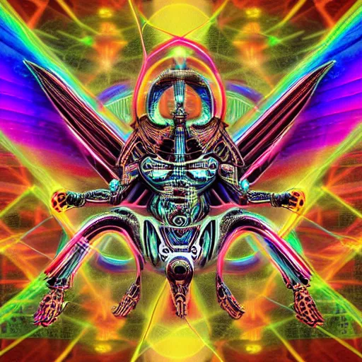 Image similar to biomechanical baphomet sigil merged with mainframe circuitry, multicolored digital art