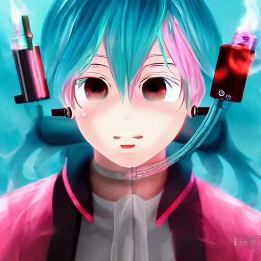 Image similar to hatsune miku smoking weed with a vape pen, smoke coming out of her mouth, bloodshot eyes, artstation, 4 k