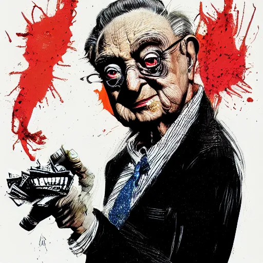 Image similar to George Soros full body shot, dollar bills Body horror, biopunk, by Ralph Steadman, Francis Bacon, Hunter S Thompson