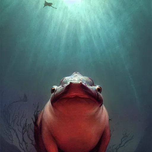 Image similar to An underwater photo of a demonic platypus swimming towards the camera out of the darkness, underwater cam, artstation, fantasy, concept art, dark, moonlight, incredible, smooth, sharp focus, illustration, art by greg rutkowski and orientalism and bouguereau and Zdzislaw Beksinski, good clear quality, lighting, biology, symmetrical artwork, perfect face, 135 mm, cinematic, hyper realism, high detail, octane render, 8k, blue and green accents
