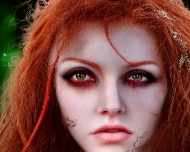 Image similar to award winning 5 5 mm close up face portrait photo of an anesthetic and beautiful redhead vampire lady who looks directly at the camera with bloodred wavy hair, intricate eyes that look like gems and long sharp fangs, in a park by luis royo. rule of thirds.