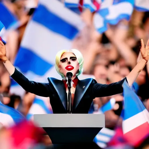 Image similar to Lady Gaga as president, Argentina presidential rally, Argentine flags behind, bokeh, giving a speech, detailed face, Argentina