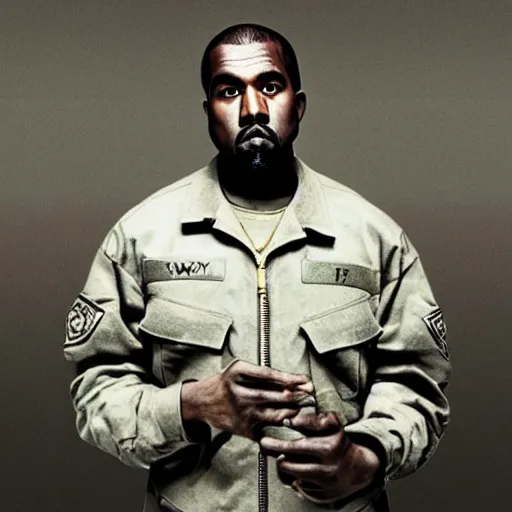 Prompt: Kanye West as a soldier in Chiraq, award winning historical photograph