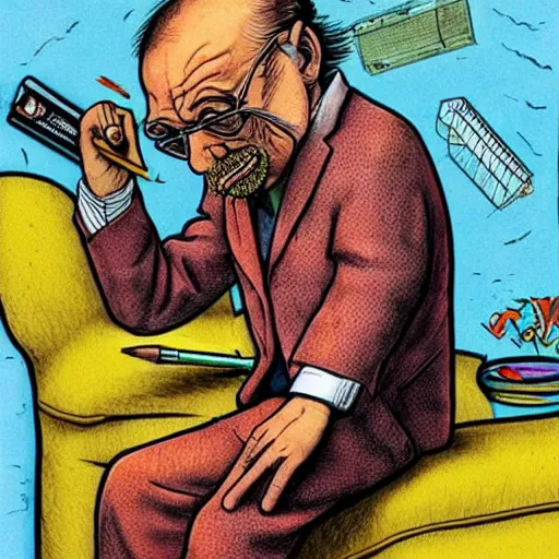 Image similar to The Artwork of R. Crumb and his Cheap Suit Breaking-Bad-Walter-White meth-lab, wearing a bio-hazard suit pencil and colored marker artwork, trailer-trash lifestyle