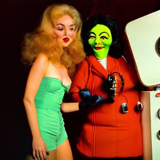 Image similar to 1976 film still glamorous woman photo and her friend, an anthropomorphic stomach, traveling, live action children's tv show, 16mm film live soft color, earth tones and some primary colors 1976, wacky, in style of john waters doris wishman russ meyer