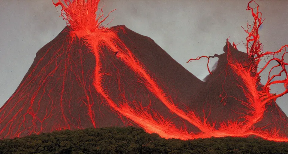 Prompt: a volcano made of ivory vines and crimson rocks enters in eruption, it spits a smoke in the shape of demonic eye, by James Gurney