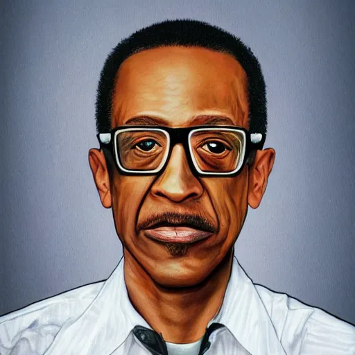 Image similar to realistic detailed portrait of gus fring with half of his face replaced by robotic parts