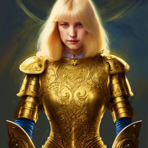 Image similar to of Alice Zuberg, young woman with blonde hair and bangs wearing a golden ornate paladin armor with a blue cloak, dark fantasy, medium shot, intricate, elegant, highly detailed, digital painting, volumetric light, artstation, concept art, smooth, sharp focus, illustration, art by Gil Elvgren and Greg Rutkowski and Alphonse Mucha