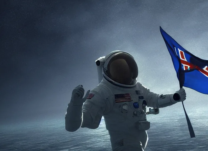 Image similar to astronaut holding a flag in an underwater desert. a submarine is visible in the distance. dark, concept art, cinematic, dramatic, atmospheric, 8 k, trending on artstation, blue, fish, low visibility, fog, ocean floor, christopher nolan, interstellar