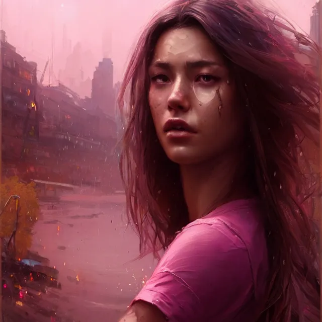 Prompt: epic portrait cinematic shot an beautiful female survivor wearing pink t shirt, shiny skin, wet flowing hair, apocalyptic city backround, cloudy, fine details. night setting. realistic shaded lighting poster by craig mullism, artgerm, jeremy lipkin and michael garmash, unreal engine, radiant light, detailed and intricate environment, digital art, trending on art station,