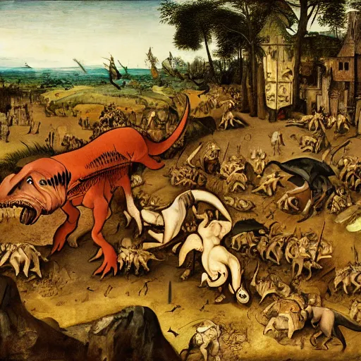 Image similar to adventurers battling a tyrannosaurus, in the style of pieter bruegel