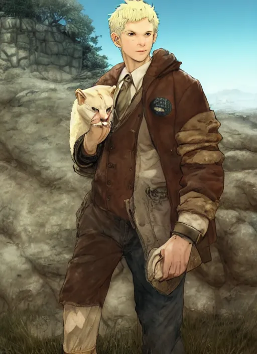 Image similar to character portrait of a man with an albino mountain lion's head wearing miner's clothes at the mines. hidari, color page, tankoban, 4K, tone mapping, Akihiko Yoshida.