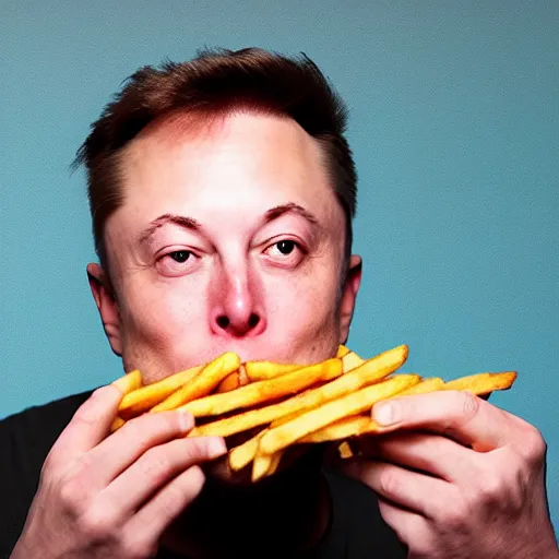 Prompt: a man eating crayons like french fries, elon musk, 4 k, high quality, crayon commercial