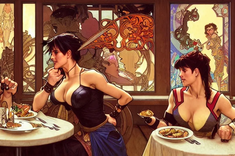 Image similar to xena warrior princess eating at a restaurant, with a hispanic man in a suit as her companion, art by artgerm and greg rutkowski and alphonse mucha