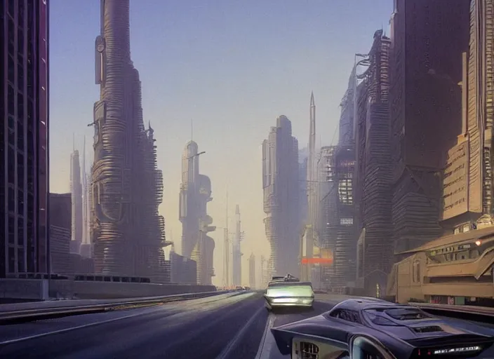 Prompt: a car driving down a street next to tall buildings the night at 8:00 am, cyberpunk art by Chesley Bonestell, cgsociety, retrofuturism, matte painting, reimagined by industrial light and magic