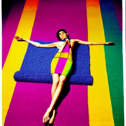 Prompt: a beautiful fashion model laying on a colorful rug, wearing a lot of different colorful ties on her body. surreal photograph, toiletpaper magazine, 3 5 mm photograph, colourful, by pierpaolo ferrari, maurizio cattelan