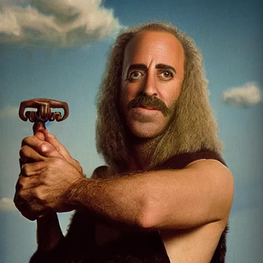 Image similar to “an 8k hi res extremely detailed photorealistic magazine editorial photo shoot pic of jerry Seinfeld as ZARDOZ. Colorized”