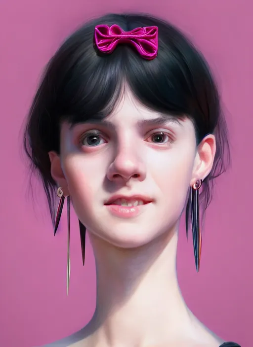 Image similar to portrait of teenage girl, realistic, black hair, bangs, half updo hairstyle, pointy nose, skinny, smile, ugly, defined jawline, big chin, pink hair bow, earrings, intricate, elegant, glowing lights, highly detailed, digital painting, artstation, sharp focus, illustration, art by wlop, mars ravelo and greg rutkowski