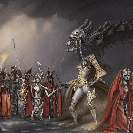 Image similar to a ghost queen triumphs over a legion of demons, a painting of an ancient kingdom under the rule of a ghost queen