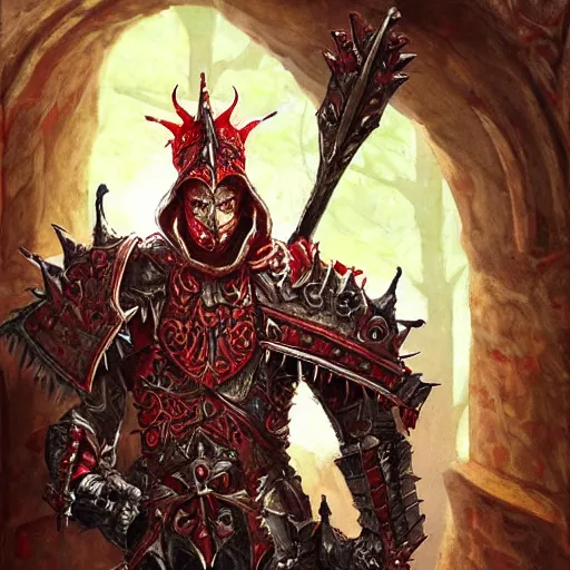 Image similar to blood paladin, fantasy art, located in a castle, legendary spiky armor, red sunlight through the window, decorated, high quality, highly detailed,