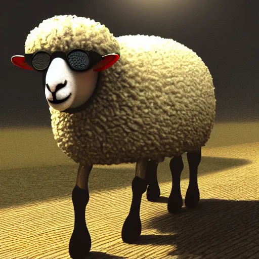 Prompt: a sheep who is wearing sunglasses and riding a bike, light dust, warm lighting, high detailed, artstation