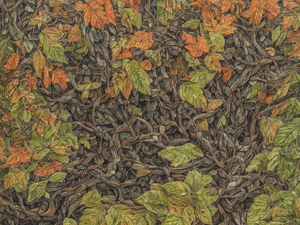 Image similar to a chaotic windy tornado of leaves, intricate details, aesthetically pleasing and harmonious natural colors, art by tiffany bozic, impressionism, detailed, dark, windy