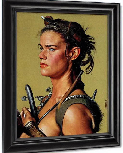 Image similar to front view portrait of a savage muscular barbarian female with leather armor, by norman rockwell