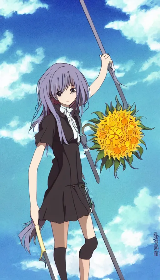 Image similar to the being death as a cute anime girl with a giant sun flower scythe from a studio ghibli film inspired by the death tarot card