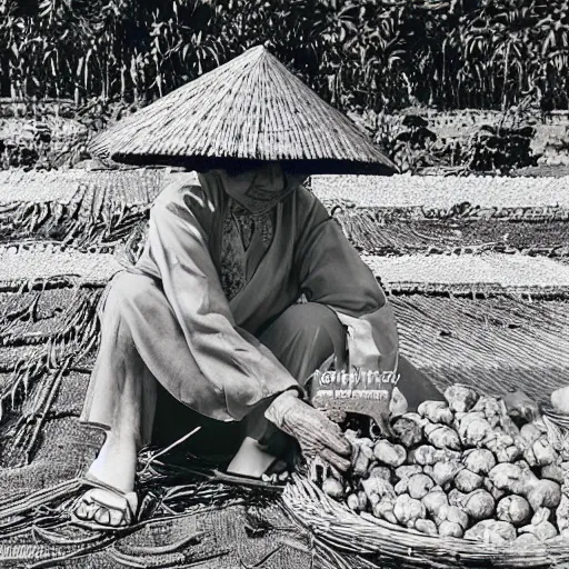 Prompt: an 8 0 s photo of an old vietnamese woman tending to her vegetable patch by the sea, photography