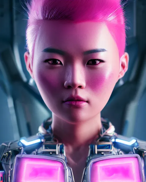 Image similar to portrait of a beautiful asian woman with pink hair as a cyberpunk cyborg half robot, sci - fi, missing panels, intricate abstract upper body intricate artwork, concept art, octane render, deviantart, cinematic, key art, hyperrealism, iridescent accents, portrait photograph, nikon 3 5 mm, photograph by greg rutkowski