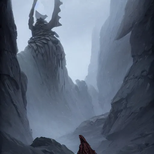 Image similar to stone humanoid colossus by grzegorz rutkowski and richard wright and peter mohrbacher, atmospheric haze, stormy, tundra, woman in cloak in foreground silhouette, large scale