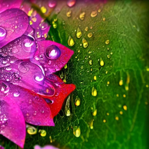 Prompt: a fantasy flower with petals and leafs, dew, water drops, ultra detailed, sunrise, close up, macro, hyper colorful, trending on artstation