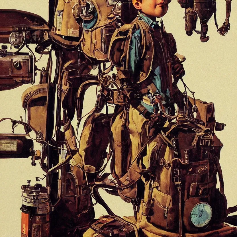 Prompt: a boy with a steampunk retrofuturistic backpack by syd mead and norman rockwell. highly detailed digital art. retrofuturism. steampunk. beautiful lighting. trending on artstation.