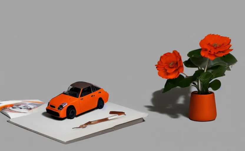 Image similar to a small miniature of a orange Toyota TE27 on a white table near a book and a vase with a plant, hyperrealistic, concept art, octane render, unreal engine 5, path tracing, complementary colors, calm, relaxing, serene, product photo, centered, symmetrical