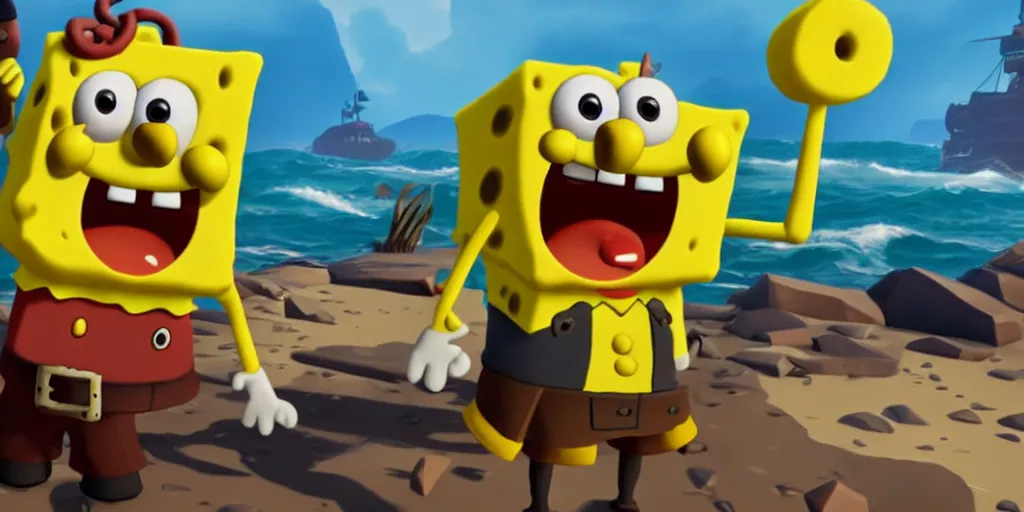 Image similar to selfie of sponge bob squarepants as a sea of thieves character, sea of thieves screenshot, storm, unreal engine, digital art