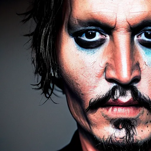 Image similar to portrait of johnny depp as the devil inpersonated, symmetrical, nikon 3 5 mm photography, ultrarealistic