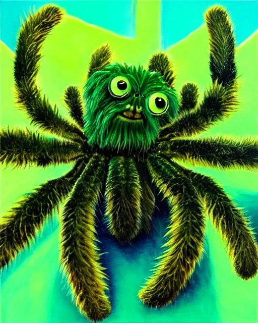 Image similar to Realistic Oil Painting of Cute green animated fuzzy tarantula made out of marijuana leaves thc strain