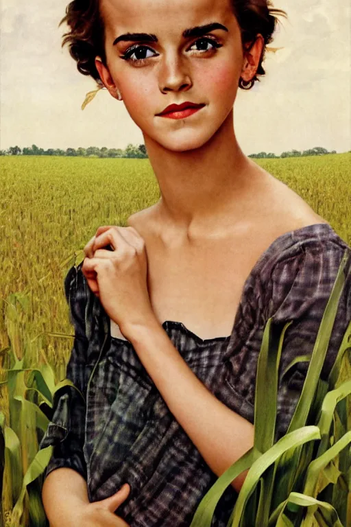 Prompt: photo photorealistic portrait photograph Emma Watson in a corn field 1950s portrait by Norman Rockwell