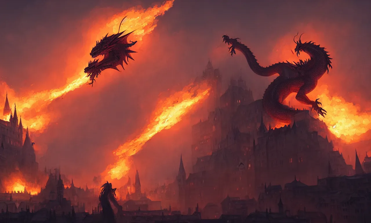 Prompt: a dragon is breathing fire on a medieval city, ultrarealistic, canon 3 5 mm photography, 8 k, wide view, cinematic view, cinematic, 8 k, digital photo, unreal engine, colored paint, colorful paint, scary style, by atey ghailan, artstation